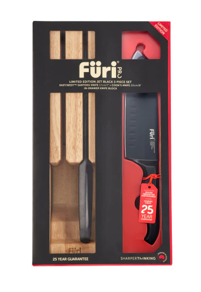 Furi Jet Knife Black Set - 3pc Black (East/West™ Santoku 17cm, Cook’s Knife 20cm, In-drawer Block) - Image 2