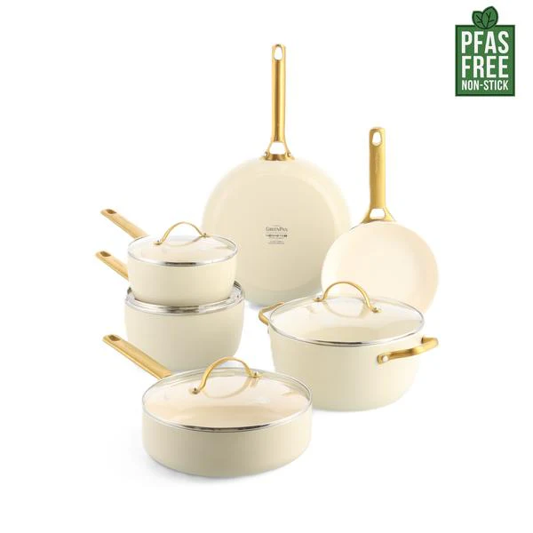 GreenPan Padova 6 (10) Piece PFAS Free Cookset Cream White