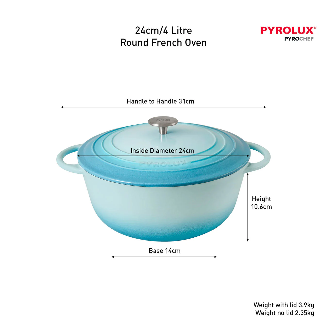 Pyrolux PYROCHEF Round French Oven Duck Egg Blue 24cm/4L - Image 4